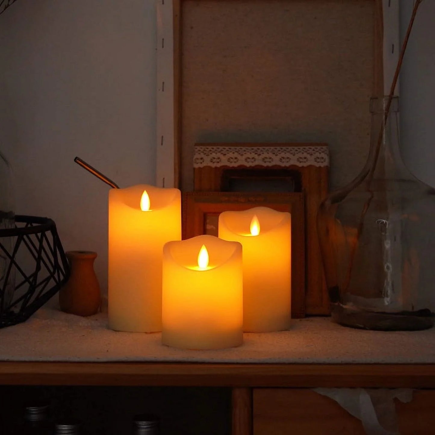 Flameless Candles LED Lights Battery Candles 3-Pack Moving Wick True Wax Electric Pillar Candles Votive Flicker Lights with Remote Control with Timer Halloween