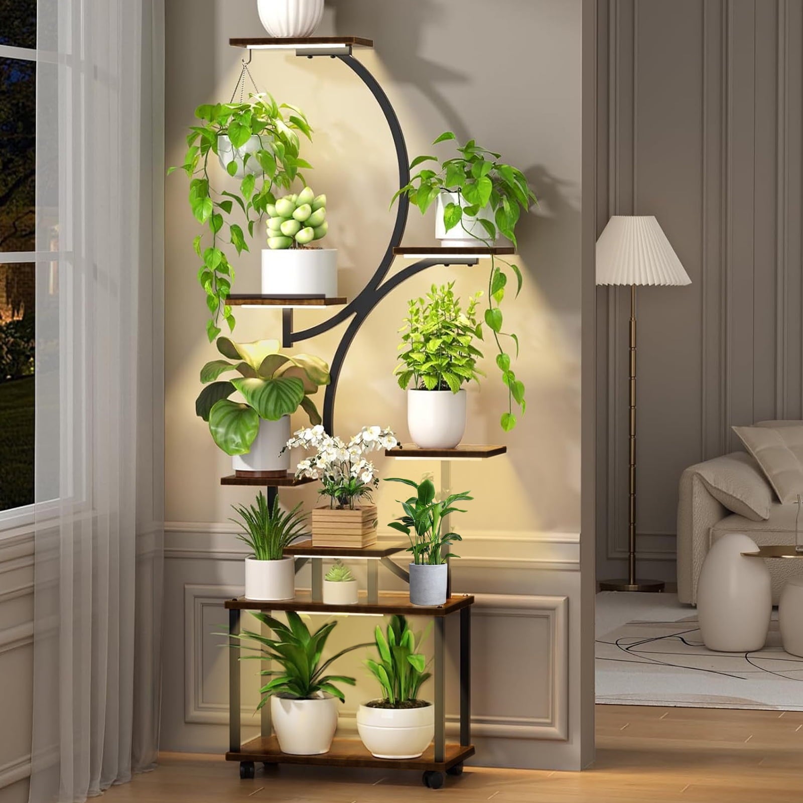 Plant Stand Indoor with Grow Lights, 8 Tiered Indoor Plant Shelf, 60" Tall Plant Stand for Indoor Plants Multiple, Metal Plant Flower Holder, S-Shaped Plant Rack for Home, Patio